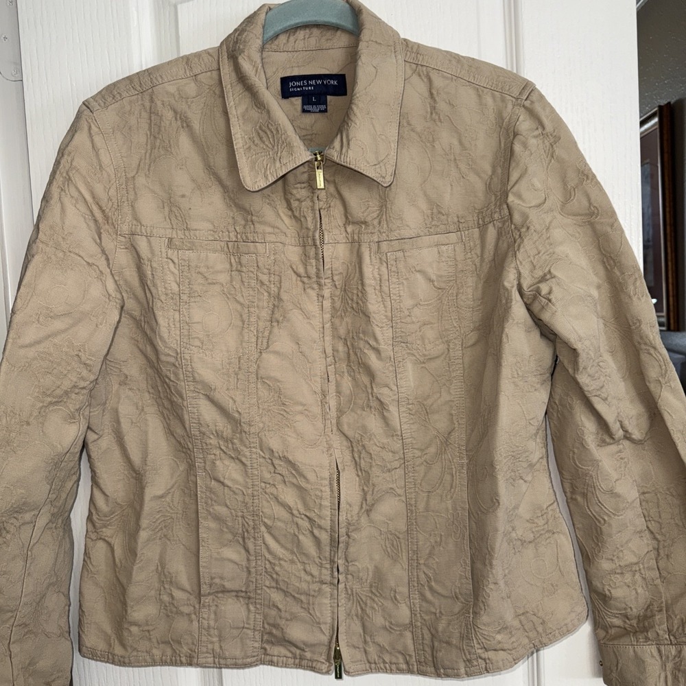 Jones New York Jacket Womans L Taupe Floral Embroidered Zip Up Cotton 4885